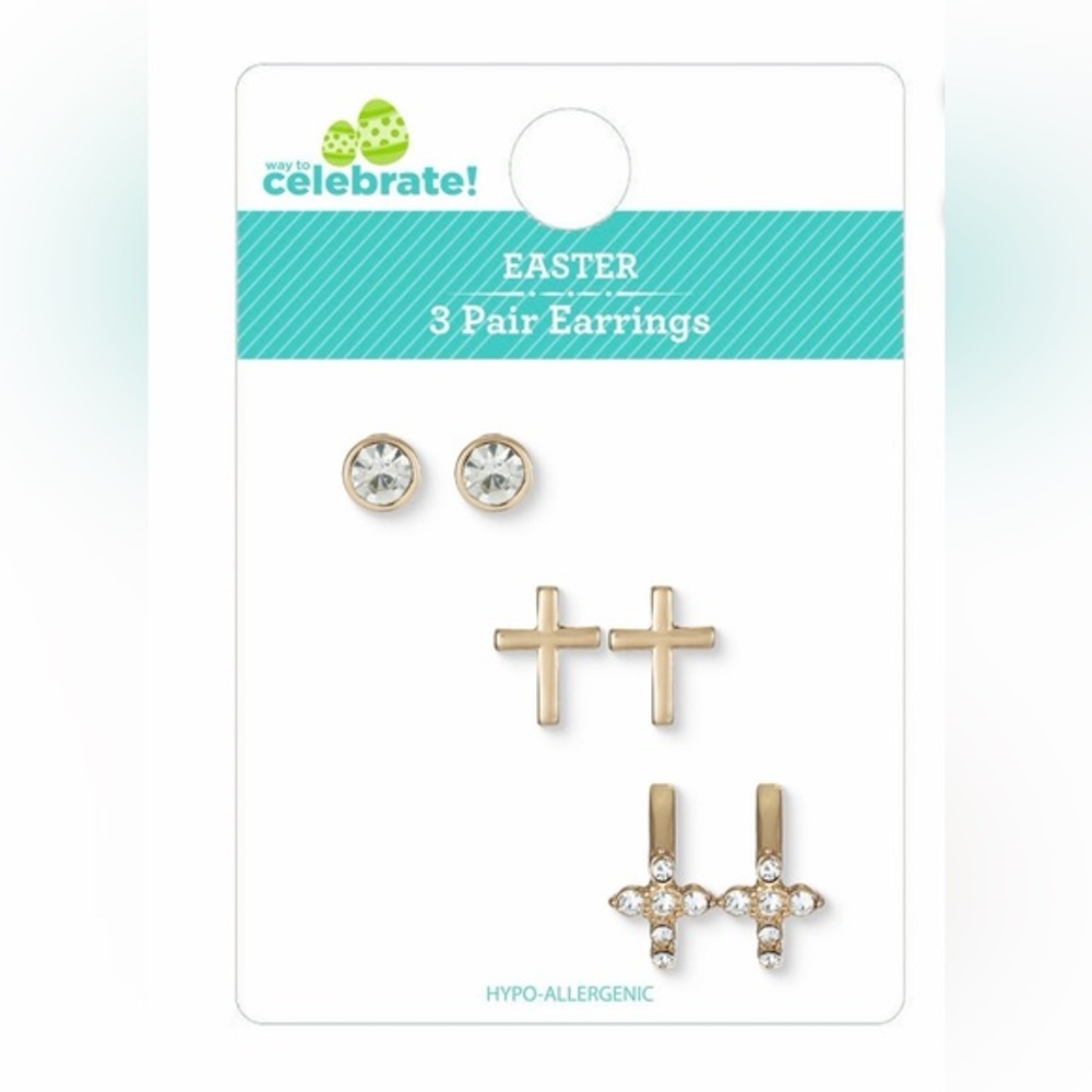 Way To Celebrate Easter Gold Tone Cross & Rhinestone Earring Set - 3 Pairs
